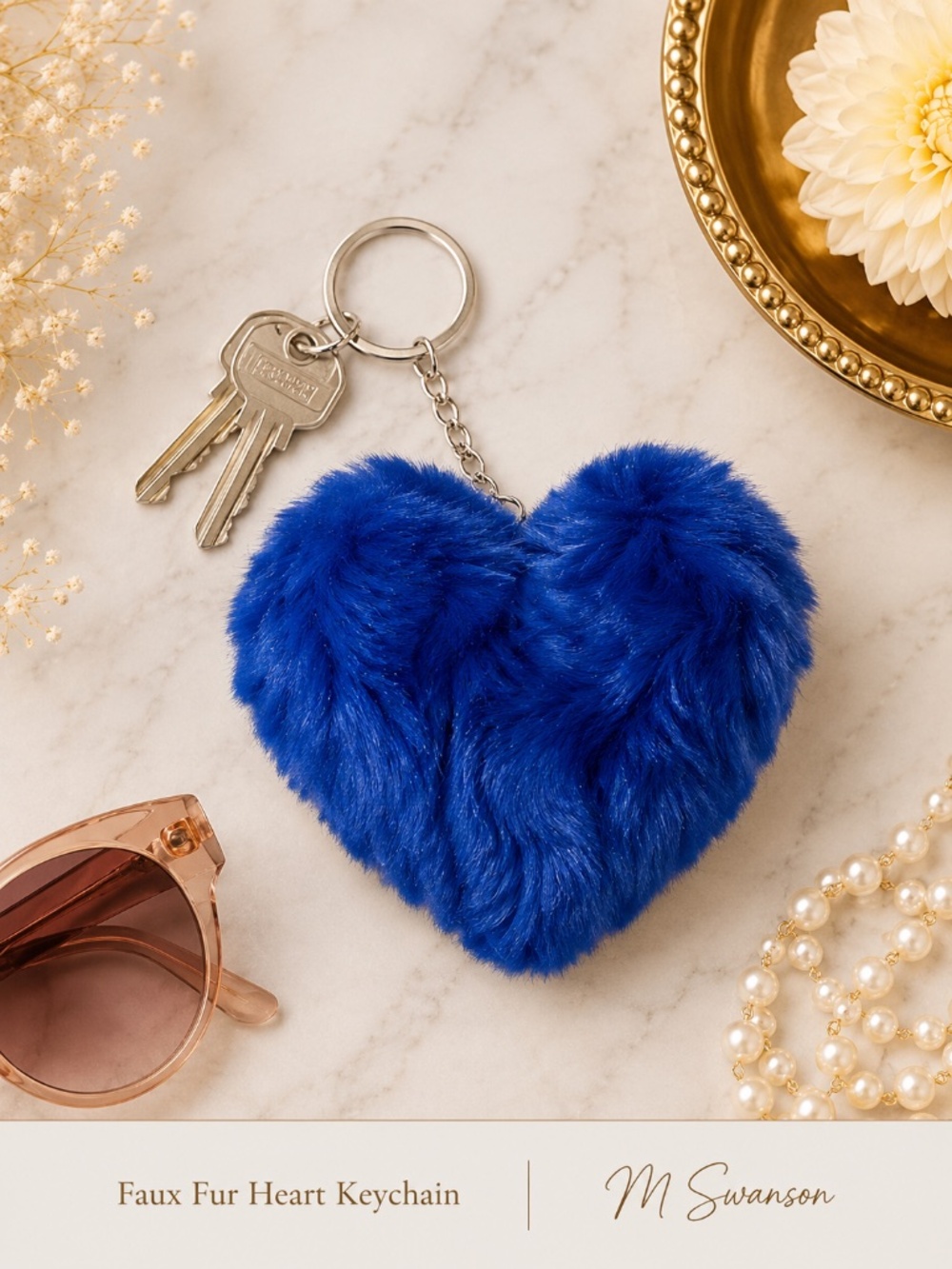 NEW Royal Blue Faux Fur Heart Keychain – Soft Plush Bag Charm & Key Ring NWT